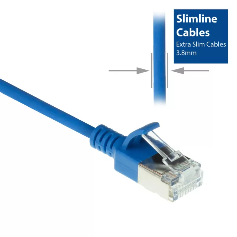 ACT modrý 7 m LSZH U/FTP CAT6A slimline patch kábel pre dátové centrum s ochranou zaťahovacej poistky a RJ45 konektormi