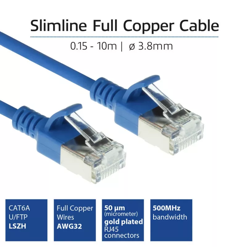 ACT modrý 7 m LSZH U/FTP CAT6A slimline patch kábel pre dátové centrum s ochranou zaťahovacej poistky a RJ45 konektormi