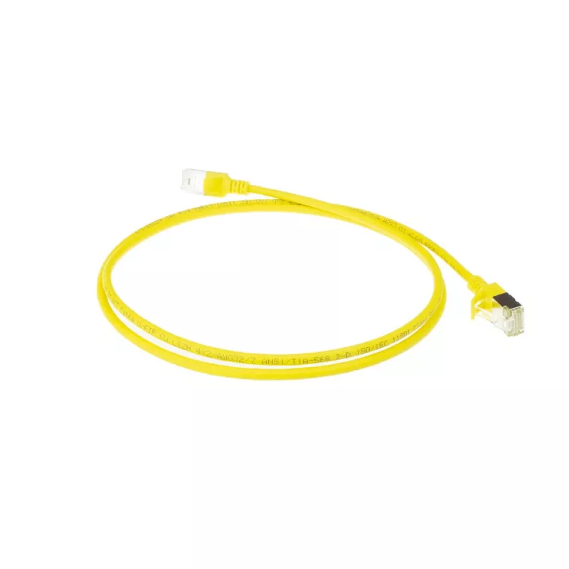ACT žltý 10 m LSZH U/FTP CAT6A slimline patch kábel pre dátové centrum s RJ45 konektormi a ochranou proti zlomeniu