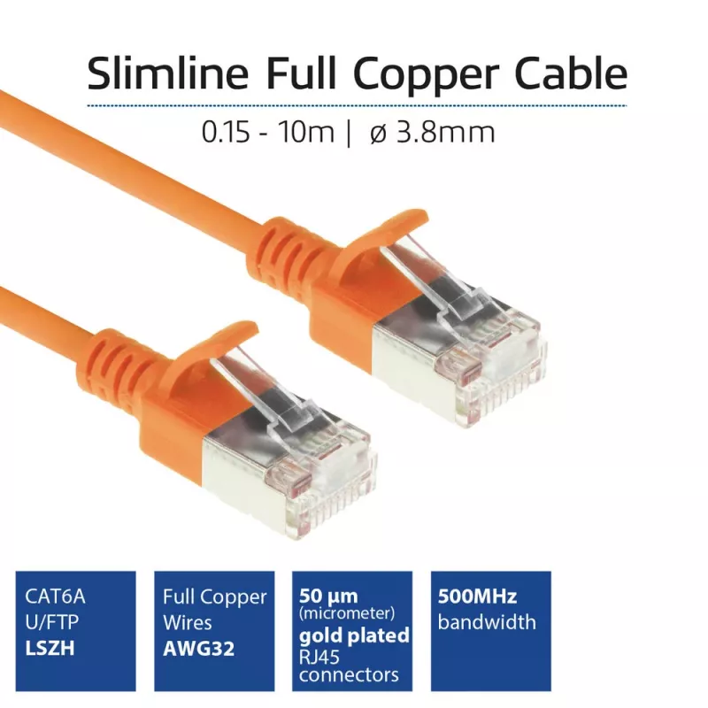 ACT oranžový 10 m LSZH U/FTP CAT6A Datacenter Slimline patch kábel, bez zaistenej západky, s RJ45 konektormi