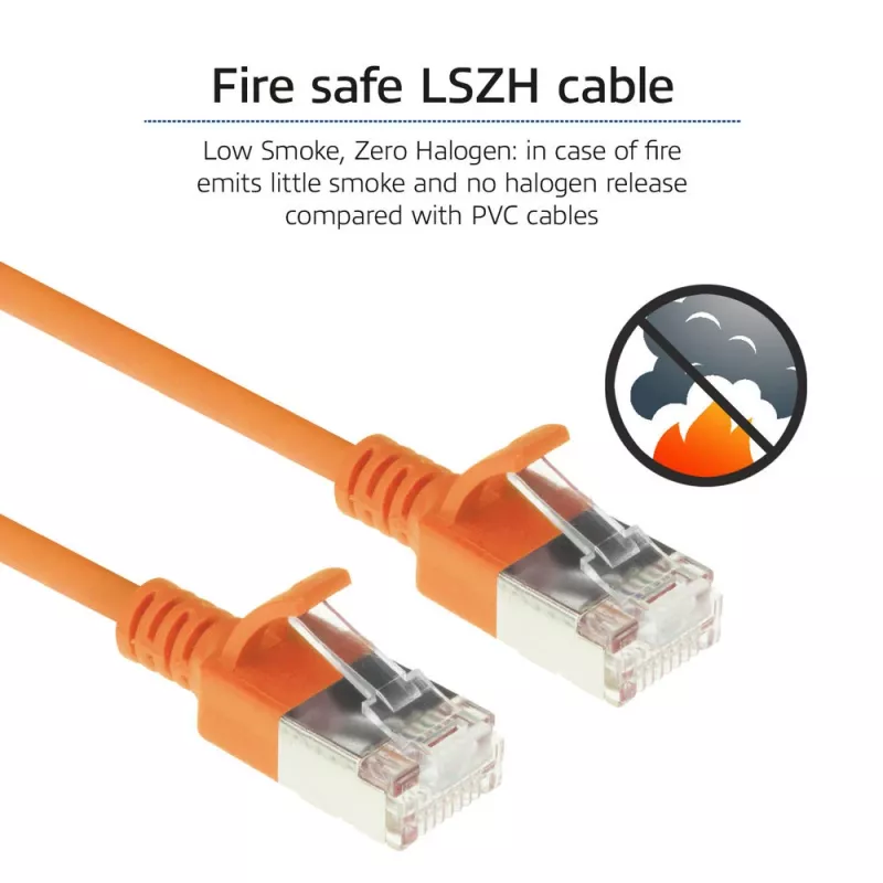 ACT oranžový 1,5 m LSZH U/FTP CAT6A Slimline patch kábel pre dátové centrum s RJ45 konektormi, so zaistenou západkou