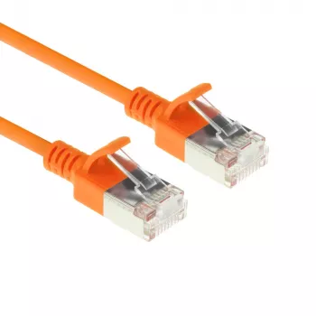 ACT oranžový 0,25 metra LSZH U/FTP CAT6A Slimline patch kábel pre dátové centrum, bez zaistenej západky, s RJ45 konektormi