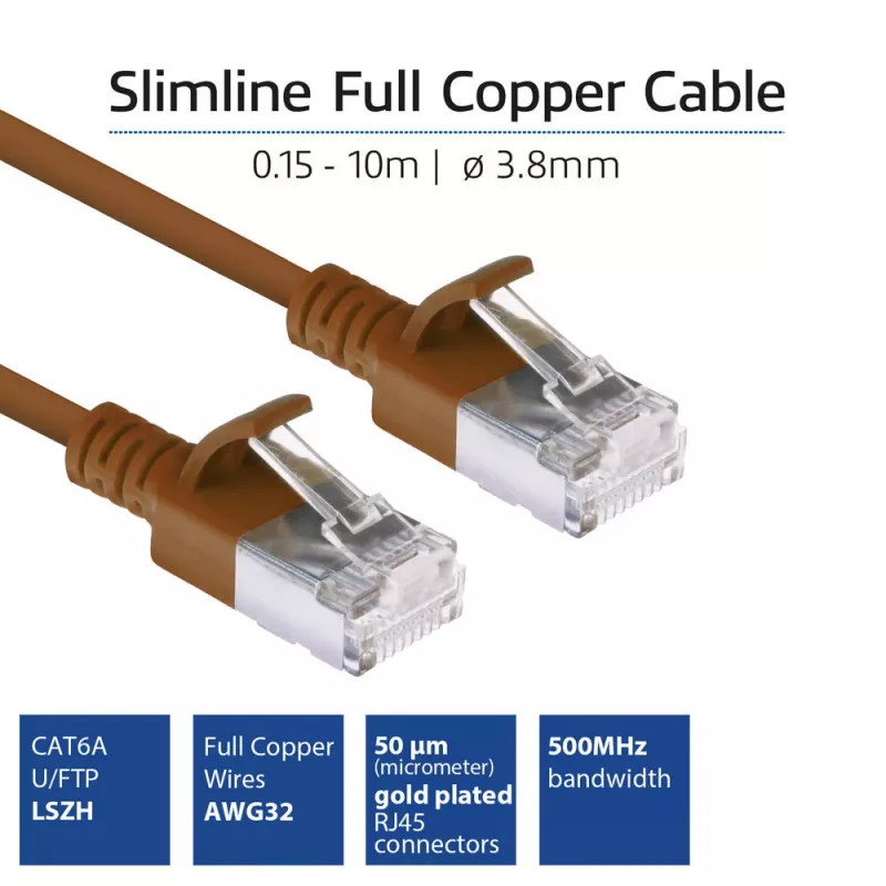 ACT hnedý 0,5 metra LSZH U/FTP CAT6A Slimline patch kábel pre dátové centrum, bez zaistenej západky, s RJ45 konektormi