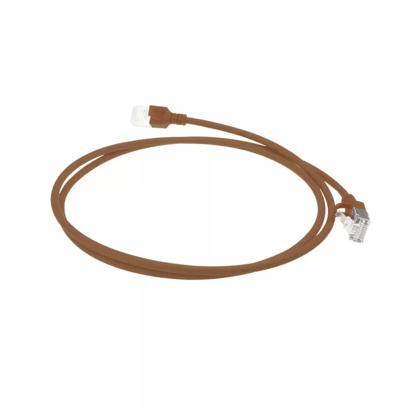 ACT hnedý 7-metrový LSZH U/FTP CAT6A Slimline patch kábel pre dátové centrum s RJ45 konektormi a ochranou západky