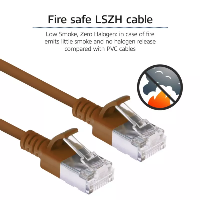 ACT hnedý 0,25 metra LSZH U/FTP CAT6A Slimline patch kábel pre dátové centrum s RJ45 konektormi s ochranou západky
