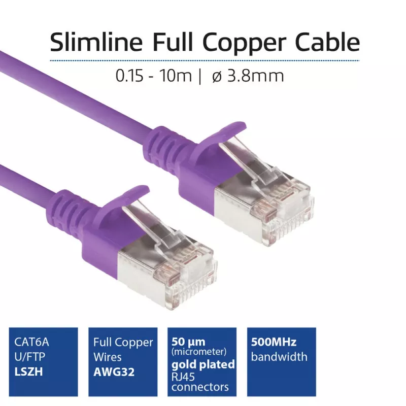ACT fialový 7 m LSZH U/FTP CAT6A Datacenter Slimline patch kábel snagless s RJ45 konektormi
