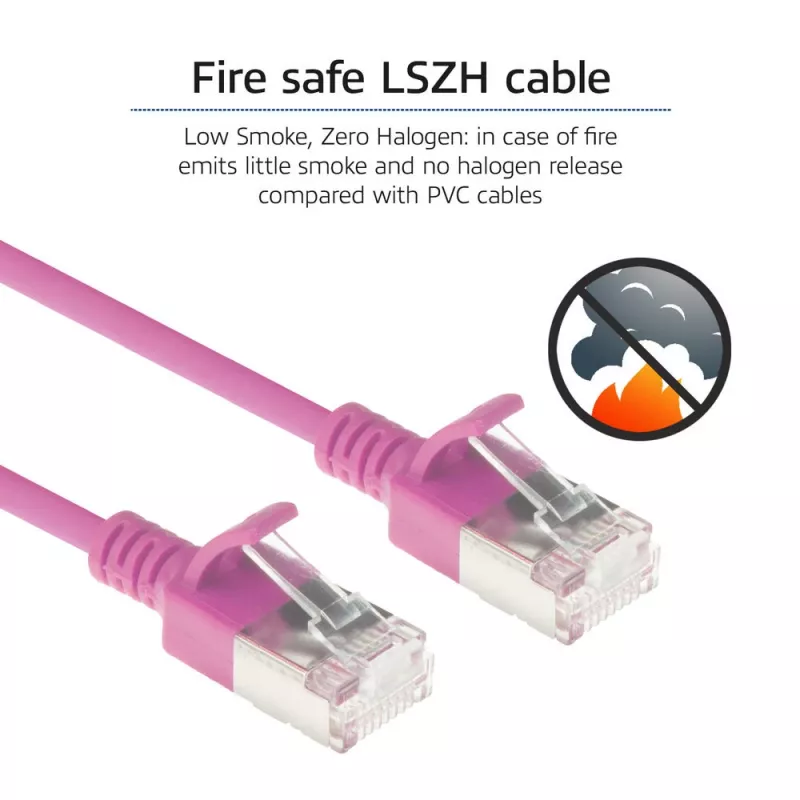 ACT ružový 0,5 m LSZH U/FTP CAT6A Data Center Slimline patch kábel snagless s RJ45 konektormi