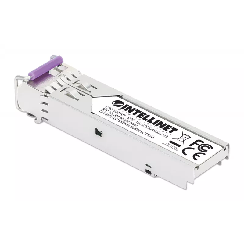 Intellinet Gigabit Fiber WDM Bi-Directional SFP optický transceiver modul 1000Base-BX-U (LC) single-mode port, 80 km, BiDi WDM (RX1550/TX1490), MSA-kompatibilný pre maximálnu kompatibilitu, strieborná