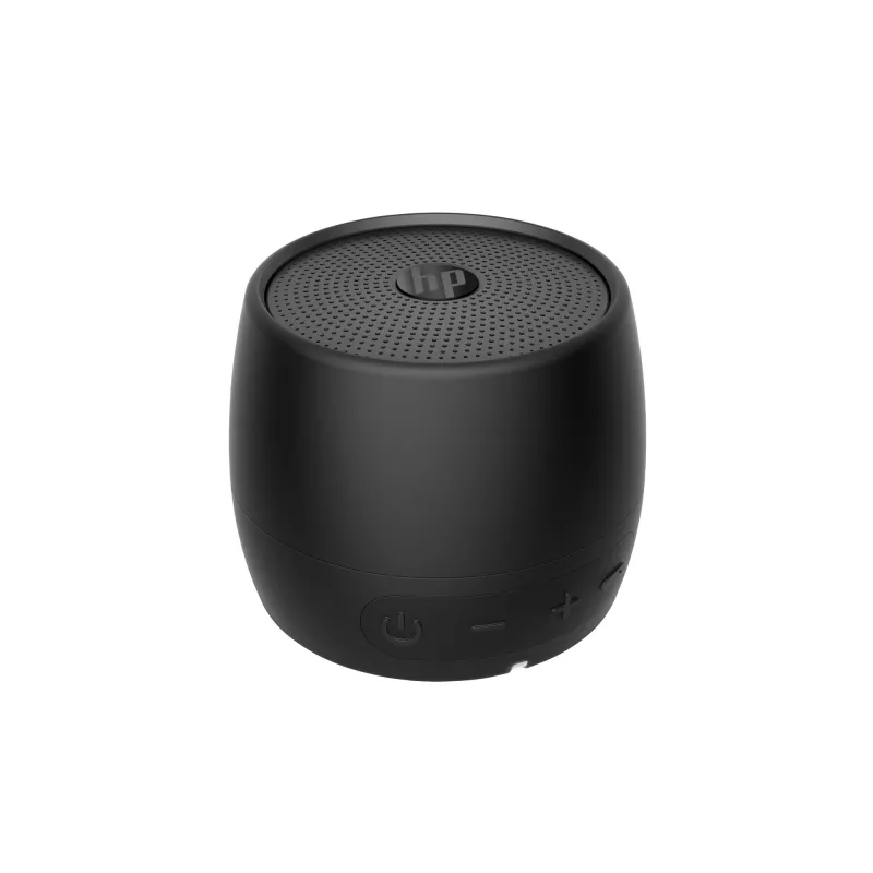 HP čierny Bluetooth reproduktor 360, káblový a bezdrôtový, mono prenosný reproduktor, čierny, valec, tlačidlá, univerzálny