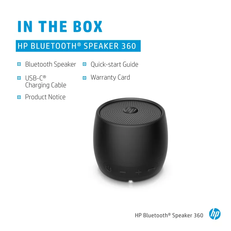 HP čierny Bluetooth reproduktor 360, káblový a bezdrôtový, mono prenosný reproduktor, čierny, valec, tlačidlá, univerzálny