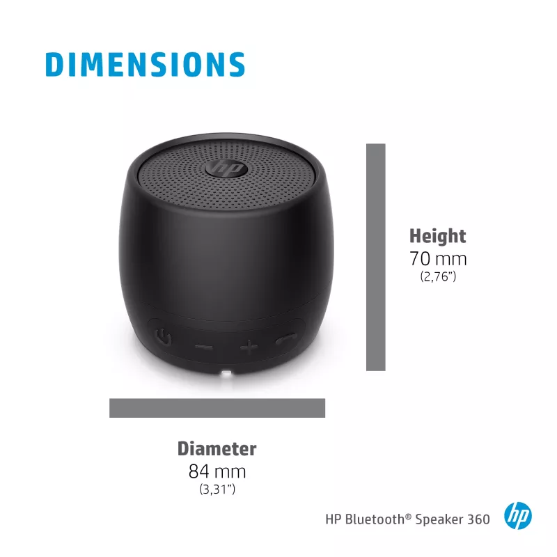 HP čierny Bluetooth reproduktor 360, káblový a bezdrôtový, mono prenosný reproduktor, čierny, valec, tlačidlá, univerzálny