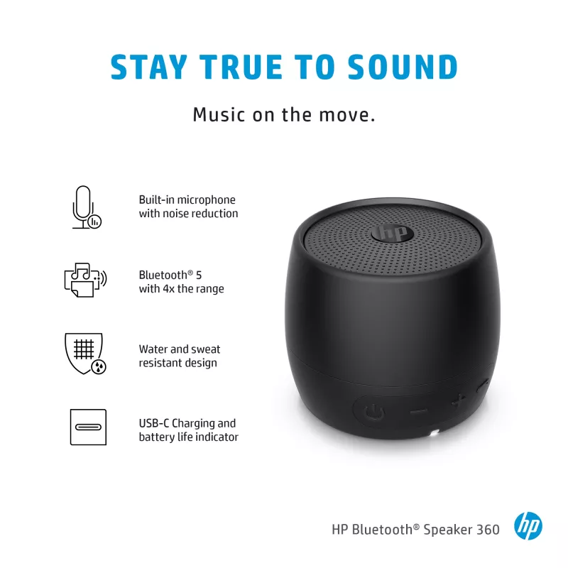 HP čierny Bluetooth reproduktor 360, káblový a bezdrôtový, mono prenosný reproduktor, čierny, valec, tlačidlá, univerzálny