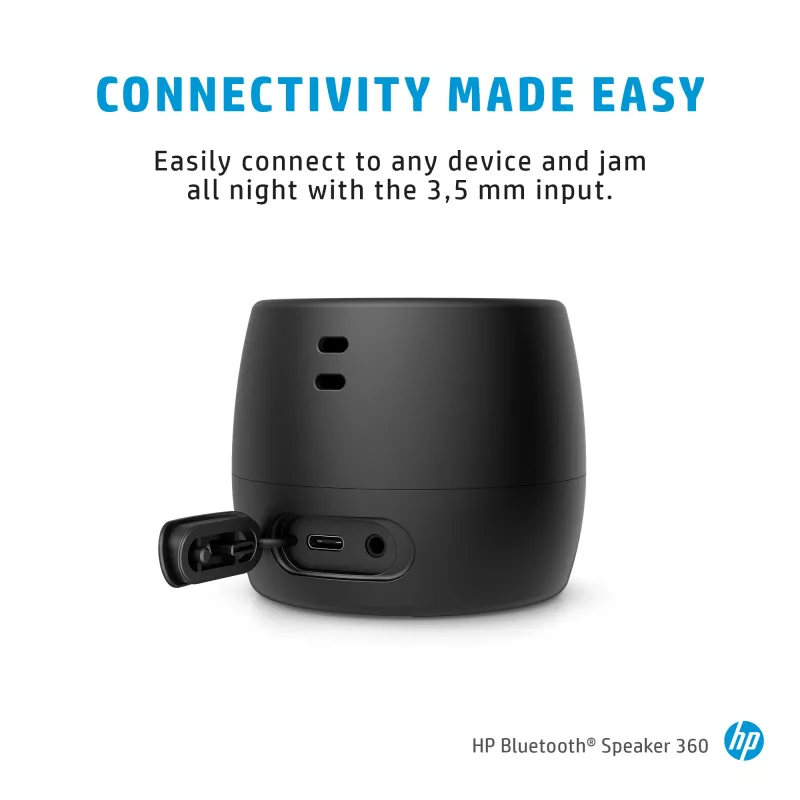 HP čierny Bluetooth reproduktor 360, káblový a bezdrôtový, mono prenosný reproduktor, čierny, valec, tlačidlá, univerzálny
