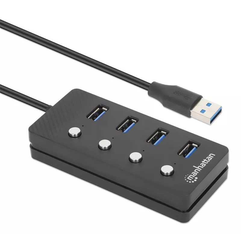 Manhattan USB-C dock/hub, porty (x4) s vypínačom pre každý port: USB-A (x4), 5 Gbps (USB 3.2 Gen1 známy aj ako USB 3.0), univerzálny pre všetky zariadenia, bus alebo AC napájanie (voliteľný konektor, nie je súčasťou balenia), kábel 1,5 m, SuperSpeed USB, čierna, záruka tri roky