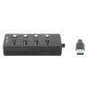 Manhattan USB-C dock/hub, porty (x4) s vypínačom pre každý port: USB-A (x4), 5 Gbps (USB 3.2 Gen1 známy aj ako USB 3.0), univerzálny pre všetky zariadenia, bus alebo AC napájanie (voliteľný konektor, nie je súčasťou balenia), kábel 1,5 m, SuperSpeed USB, čierna, záruka tri roky