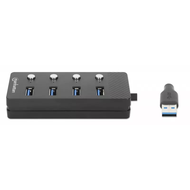Manhattan USB-C dock/hub, porty (x4) s vypínačom pre každý port: USB-A (x4), 5 Gbps (USB 3.2 Gen1 známy aj ako USB 3.0), univerzálny pre všetky zariadenia, bus alebo AC napájanie (voliteľný konektor, nie je súčasťou balenia), kábel 1,5 m, SuperSpeed USB, čierna, záruka tri roky