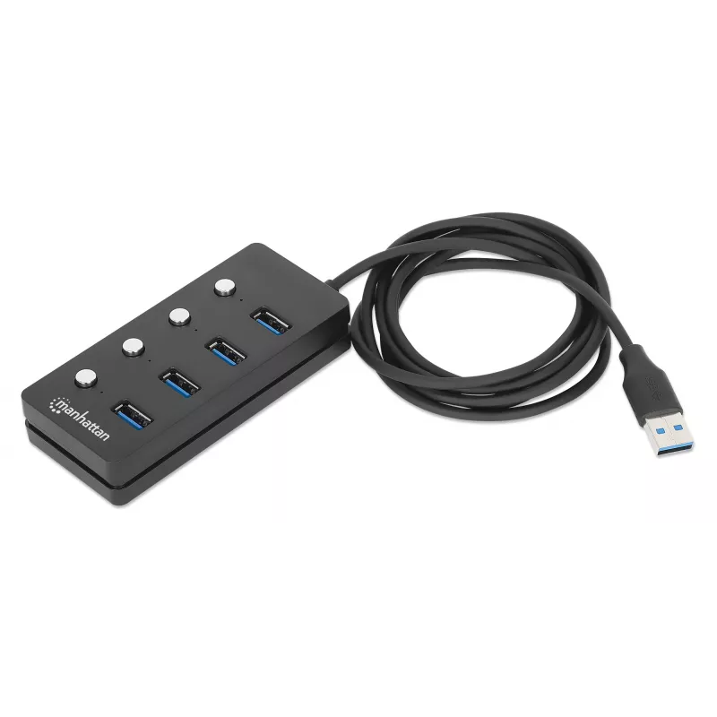 Manhattan USB-C dock/hub, porty (x4) s vypínačom pre každý port: USB-A (x4), 5 Gbps (USB 3.2 Gen1 známy aj ako USB 3.0), univerzálny pre všetky zariadenia, bus alebo AC napájanie (voliteľný konektor, nie je súčasťou balenia), kábel 1,5 m, SuperSpeed USB, čierna, záruka tri roky