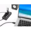 Manhattan USB-C dock/hub, porty (x4) s vypínačom pre každý port: USB-A (x4), 5 Gbps (USB 3.2 Gen1 známy aj ako USB 3.0), univerzálny pre všetky zariadenia, bus alebo AC napájanie (voliteľný konektor, nie je súčasťou balenia), kábel 1,5 m, SuperSpeed USB, čierna, záruka tri roky