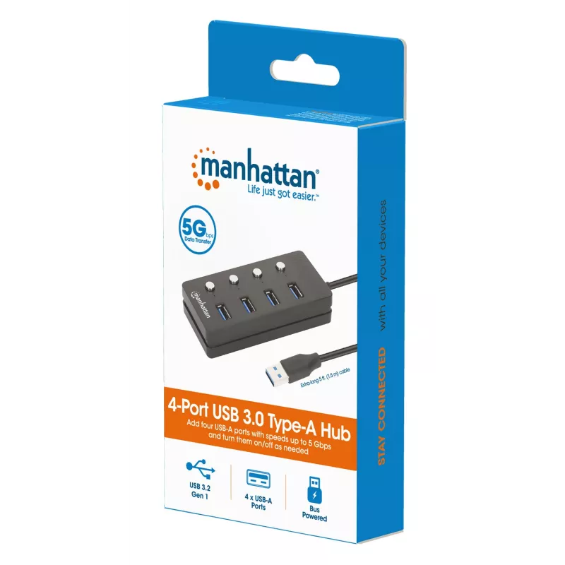 Manhattan USB-C dock/hub, porty (x4) s vypínačom pre každý port: USB-A (x4), 5 Gbps (USB 3.2 Gen1 známy aj ako USB 3.0), univerzálny pre všetky zariadenia, bus alebo AC napájanie (voliteľný konektor, nie je súčasťou balenia), kábel 1,5 m, SuperSpeed USB, čierna, záruka tri roky
