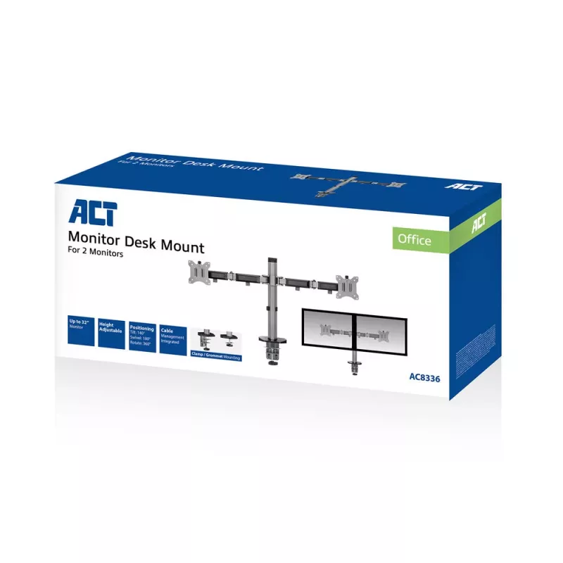 ACT držiak na dva monitory kancelária strieborný svorka/priechodka stolom 18 kg 17-32 palcov