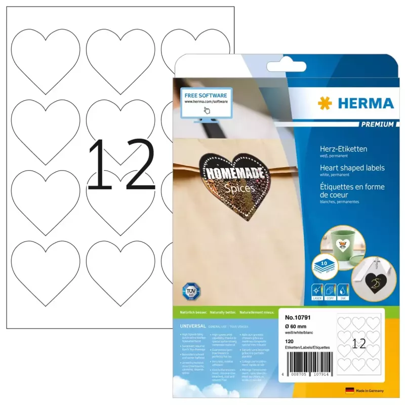Samolepiace etikety HERMA 10791 srdce permanentné biele 120 ks