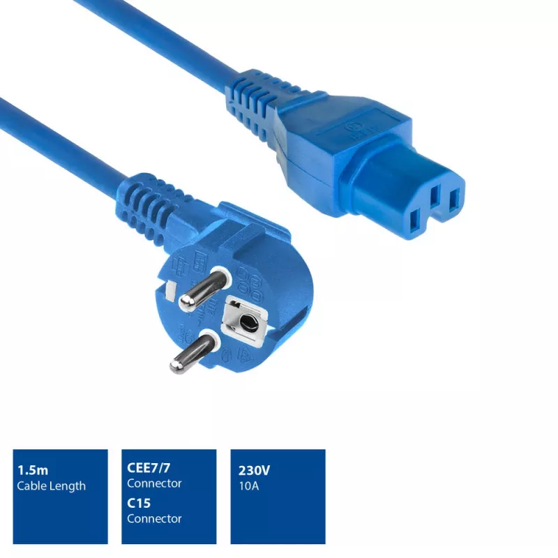 ACT napájací kábel CEE 7/7 konektor samec zahnutý C15 modrý 1,5 m 230V 10A