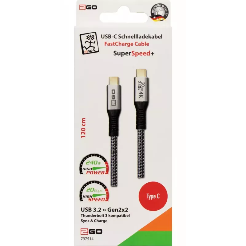 USB kábel 2GO 797514 USB 3.2 Gen 2x2 1,2 m USB-C čierny strieborný