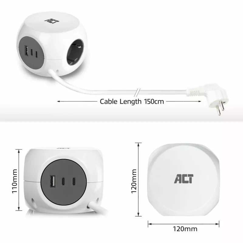 ACT AC2420 predlžovací kábel 1,5 m 3 AC zásuvky interiér biely