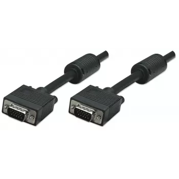 Manhattan VGA monitorový kábel (s feritovými jadrami), 15m, čierny, konektor samec na konektor samec, HD15, kábel s vyššou špecifikáciou SVGA (plne kompatibilný), tienenie s feritovými jadrami pomáha minimalizovať EMI rušenie pre lepší prenos videa, doživotná záruka