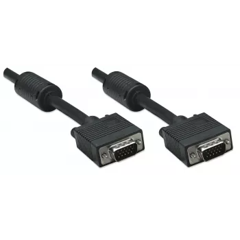 Manhattan VGA monitorový kábel (s feritovými jadrami), 15m, čierny, konektor samec na konektor samec, HD15, kábel s vyššou špecifikáciou SVGA (plne kompatibilný), tienenie s feritovými jadrami pomáha minimalizovať EMI rušenie pre lepší prenos videa, doživotná záruka
