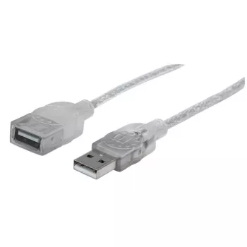 Manhattan USB-A na USB-A predlžovací kábel, 1,8 m, konektor samec na konektor samica, 480 Mbit/s (USB 2.0), Hi-Speed USB, priesvitná strieborný, doživotná záruka