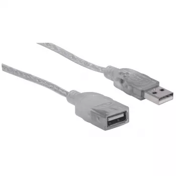 Manhattan USB-A na USB-A predlžovací kábel, 1,8 m, konektor samec na konektor samica, 480 Mbit/s (USB 2.0), Hi-Speed USB, priesvitná strieborný, doživotná záruka
