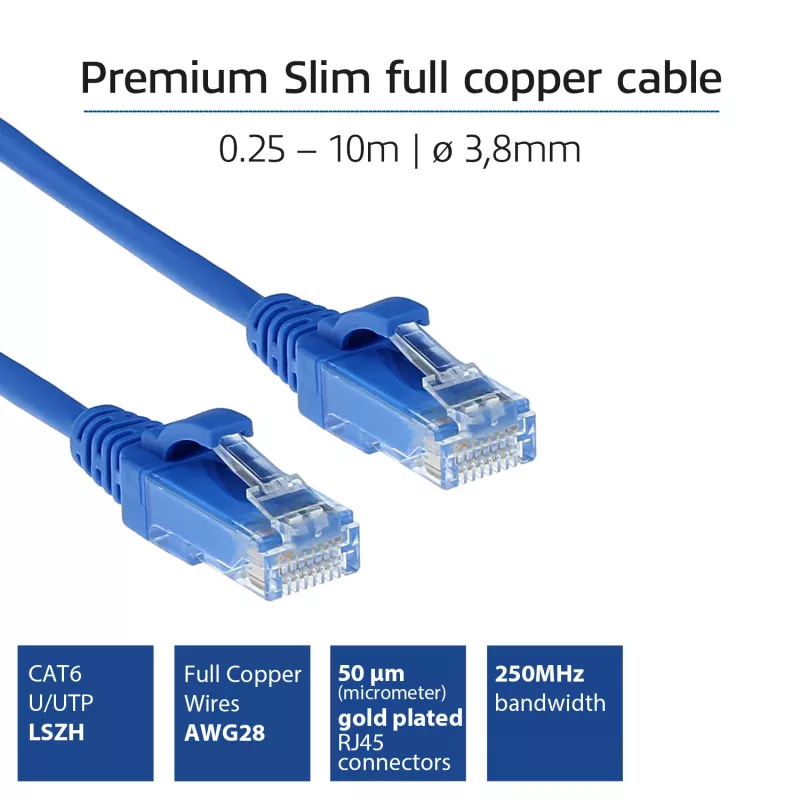 ACT modrá 3 metre LSZH U/UTP CAT6 dátové centrum Slimline patch kábel s RJ45 konektormi