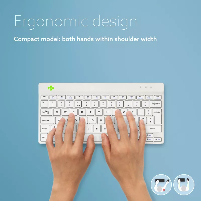 R-Go Tools ergonomická klávesnica R-Go Compact Break, kompaktná klávesnica so softvérom na prestávky, QWERTY (UK), Bluetooth, biela