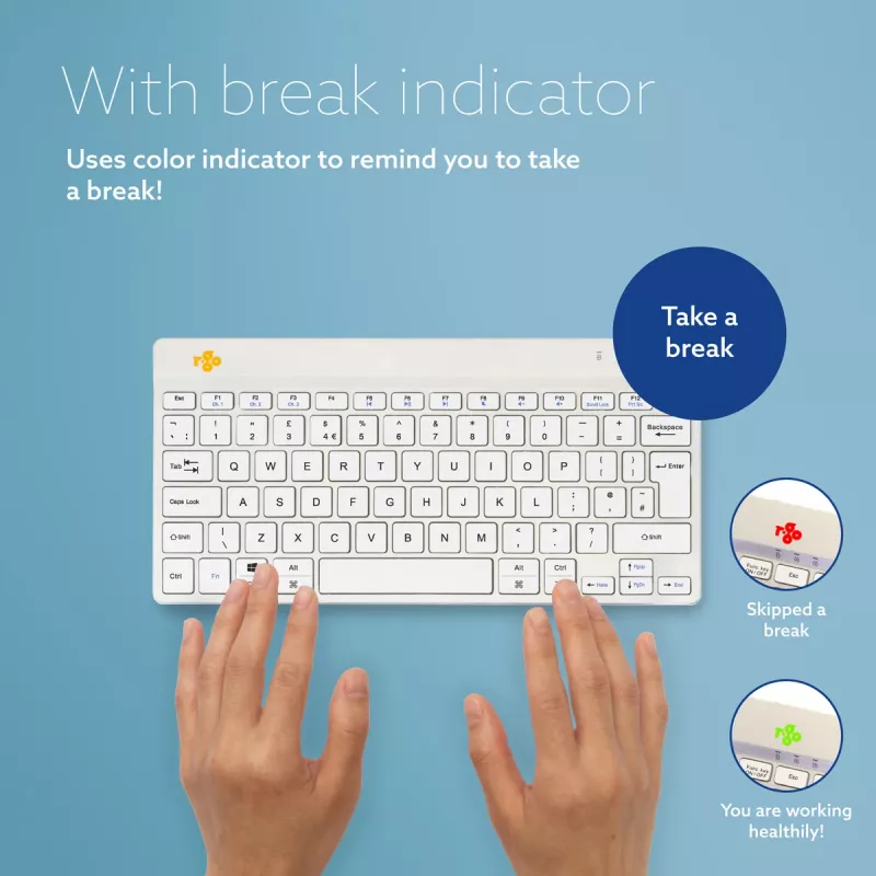 R-Go Tools ergonomická klávesnica R-Go Compact Break, kompaktná klávesnica so softvérom na prestávky, QWERTY (UK), Bluetooth, biela