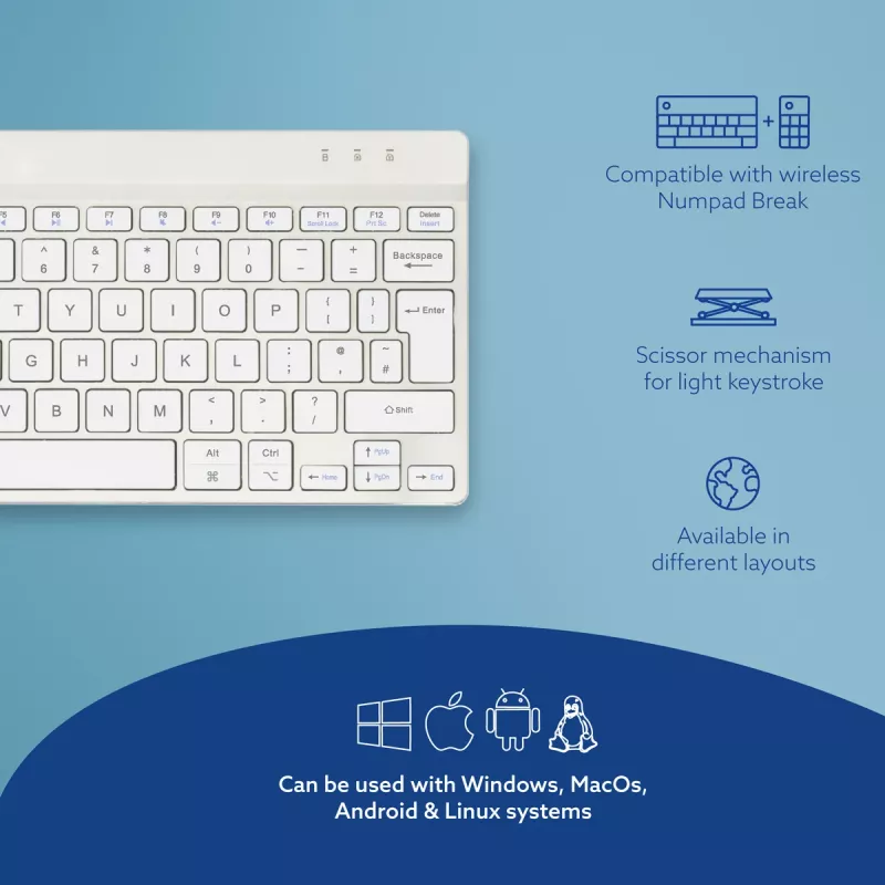 R-Go Tools ergonomická klávesnica R-Go Compact Break, kompaktná klávesnica so softvérom na prestávky, QWERTY (UK), Bluetooth, biela