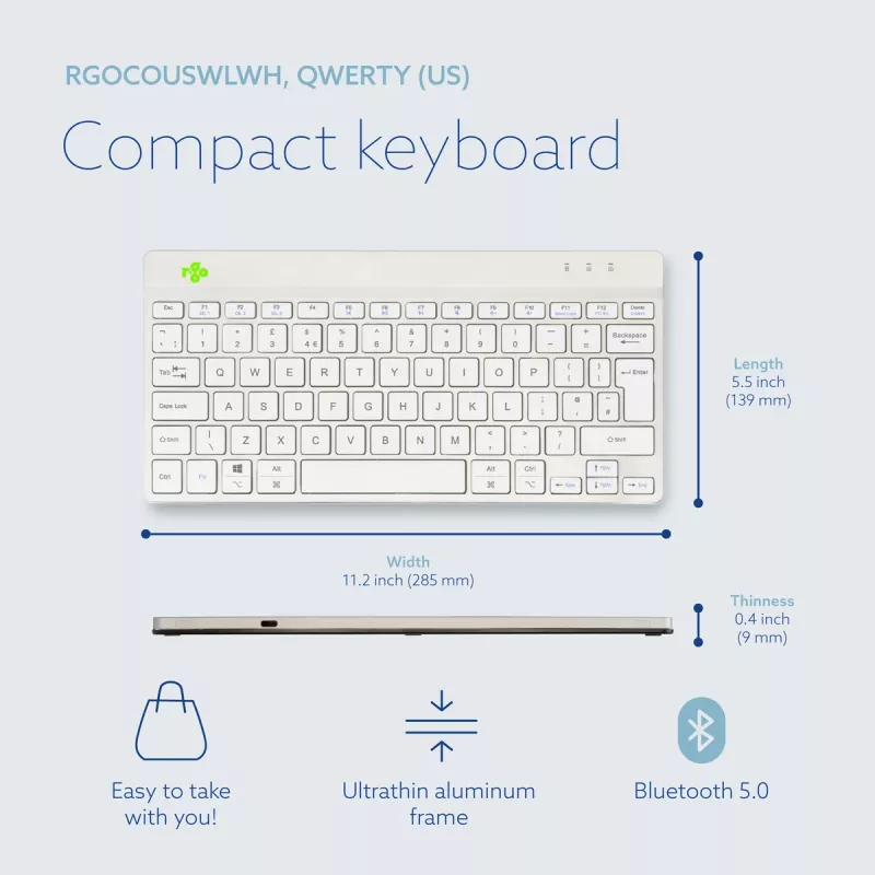 R-Go Tools ergonomická klávesnica R-Go Compact Break, kompaktná klávesnica so softvérom na prestávky, QWERTY (UK), Bluetooth, biela
