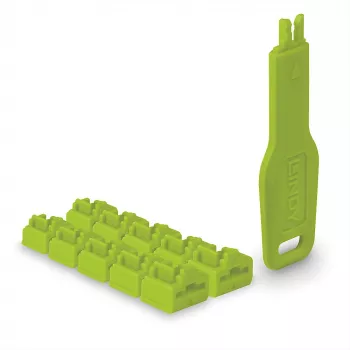 Lindy RJ45 port blocker zelená, 10x + 1 kľúč, port blocker + kľúč, RJ-45, zelená, akrylonitril-butadién-styrén (ABS), 10 kusov, polytaška