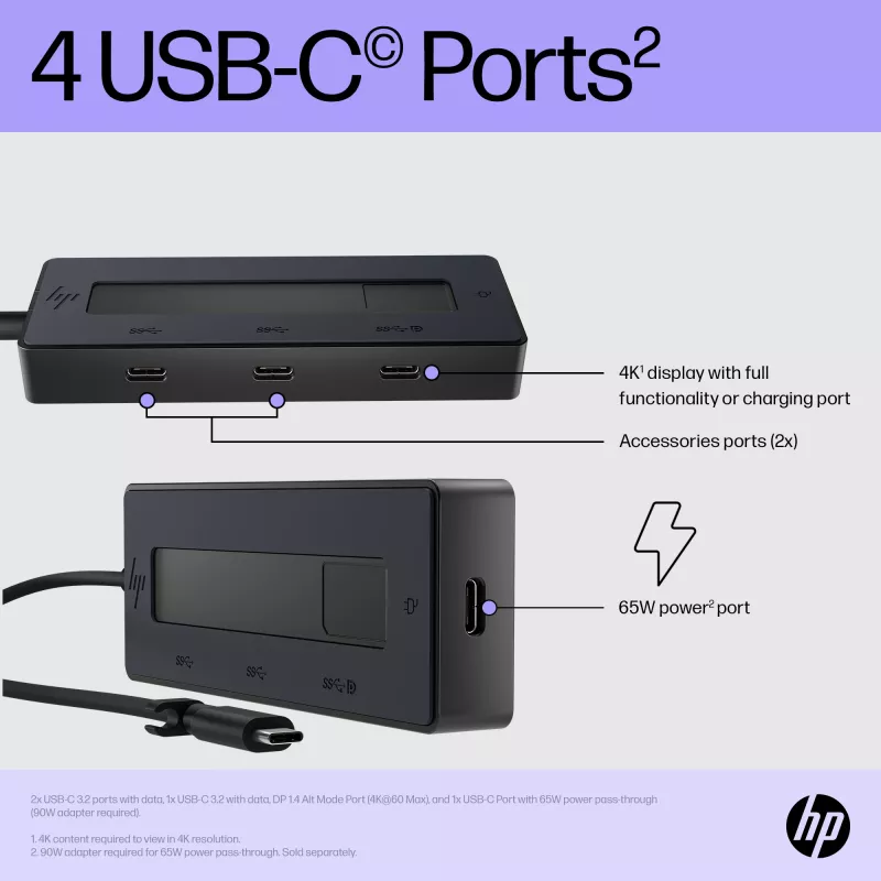 HP 4K USB-C multiport hub, USB Type-C, USB Type-C, 10000 Mbit/s, 3840 x 2160, čierny, 65 W