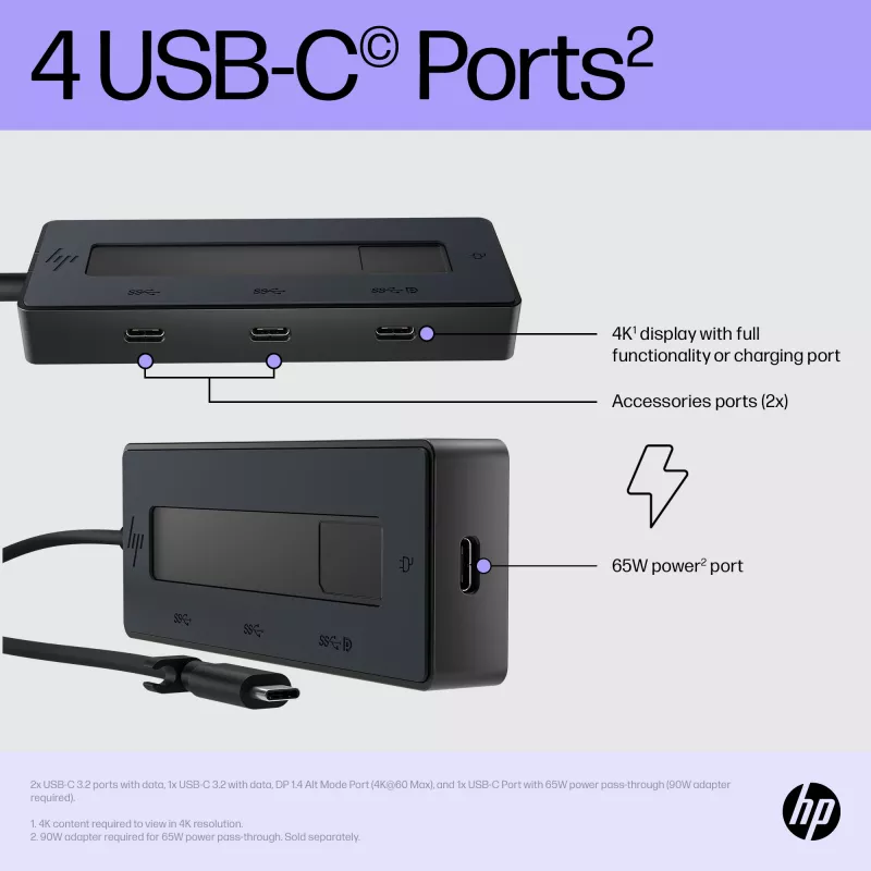 HP 4K USB-C multiport hub, USB Type-C, USB Type-C, 10000 Mbit/s, 3840 x 2160, čierny, 65 W