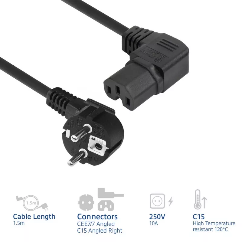 ACT napájací kábel CEE 7/7 konektor samec (zahnutý) - C15 (zahnutý vpravo) IEC60320 čierny 1,5 m
