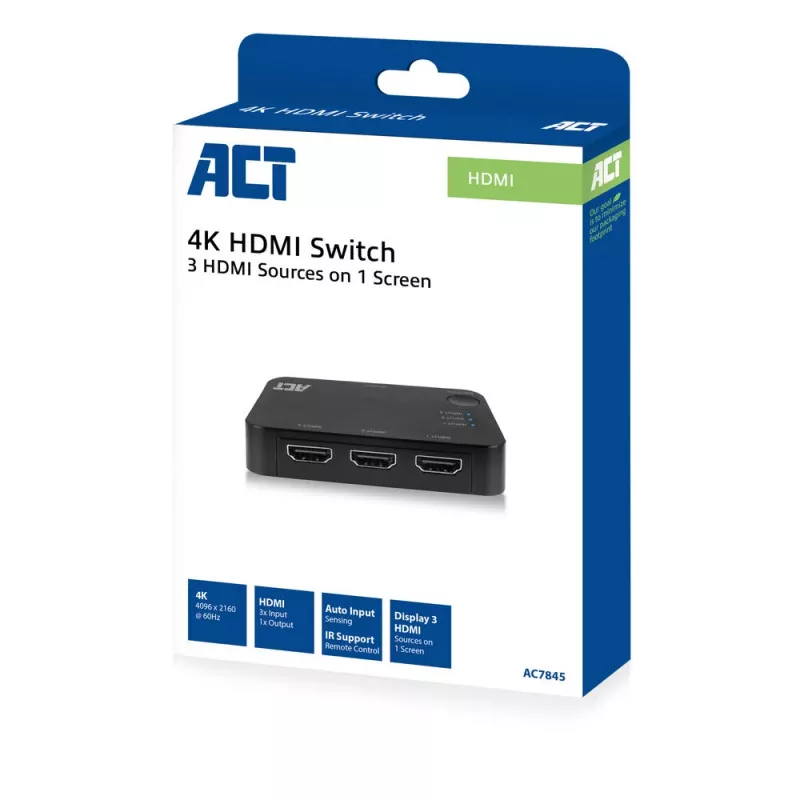ACT 4K HDMI switch 3x1 čierny 60Hz 1920x1080 3840x2160
