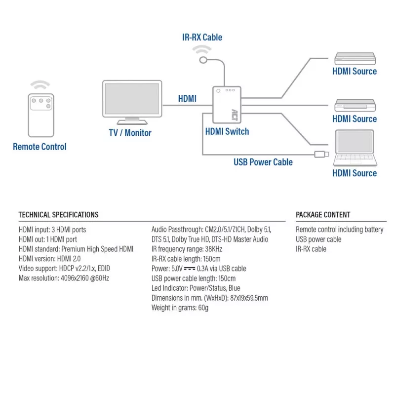 ACT 4K HDMI switch 3x1 čierny 60Hz 1920x1080 3840x2160