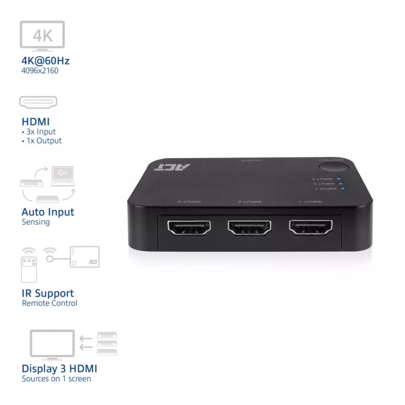 ACT 4K HDMI switch 3x1 čierny 60Hz 1920x1080 3840x2160