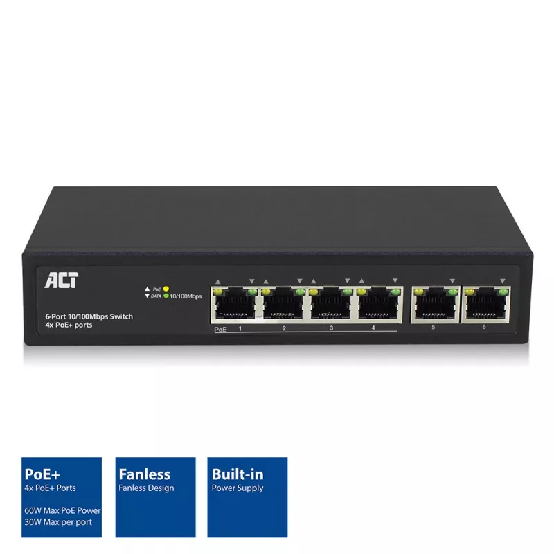 ACT 6-portový sieťový switch, 10/100 Mbit/s, 4x PoE+ (30 W) port