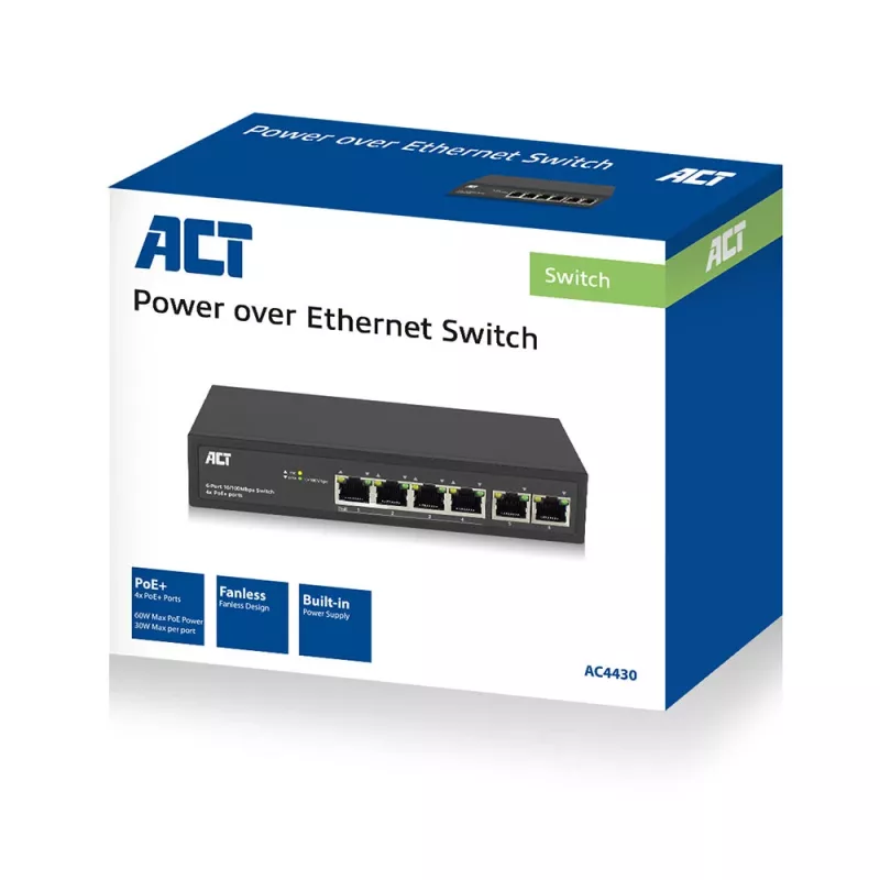 ACT 6-portový sieťový switch, 10/100 Mbit/s, 4x PoE+ (30 W) port