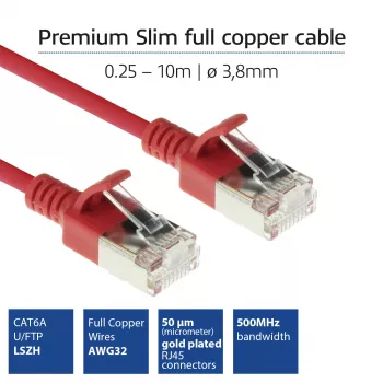 ACT červená 3 metre LSZH U/FTP CAT6A dátacentrum Slimline patch kábel bez zaistenej západky s RJ45 konektormi