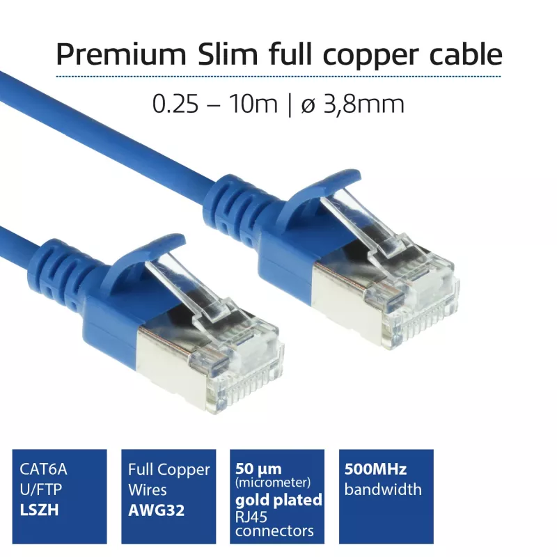 ACT modrá 2-metrová LSZH U/FTP CAT6A dátacentrum Slimline patch kábel s ochranou západky a RJ45 konektormi
