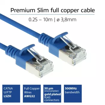 ACT modrá 0,25 metra LSZH U/FTP CAT6A dátacentrum Slimline patch kábel s RJ45 konektormi
