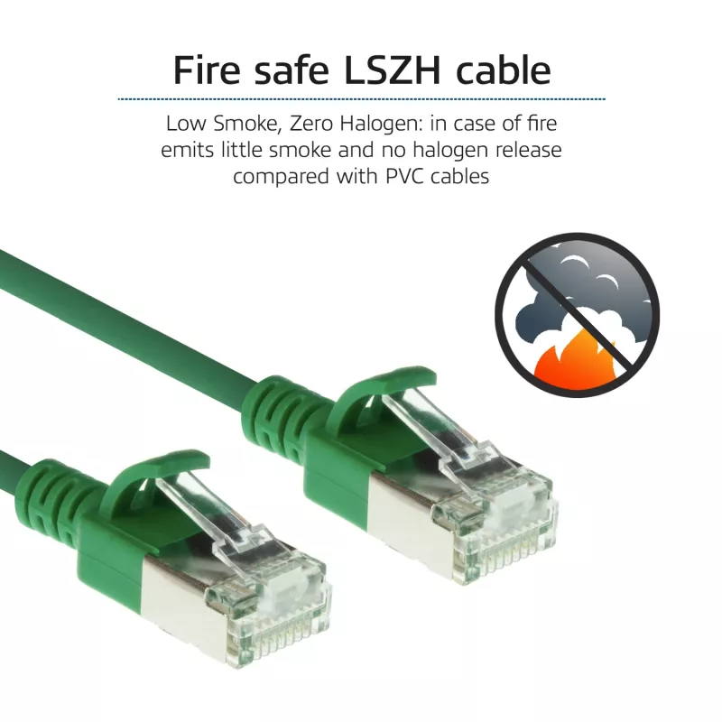 ACT zelená 0,5 m LSZH U/FTP CAT6A dátacentrum Slimline patch kábel snagless s RJ45 konektormi